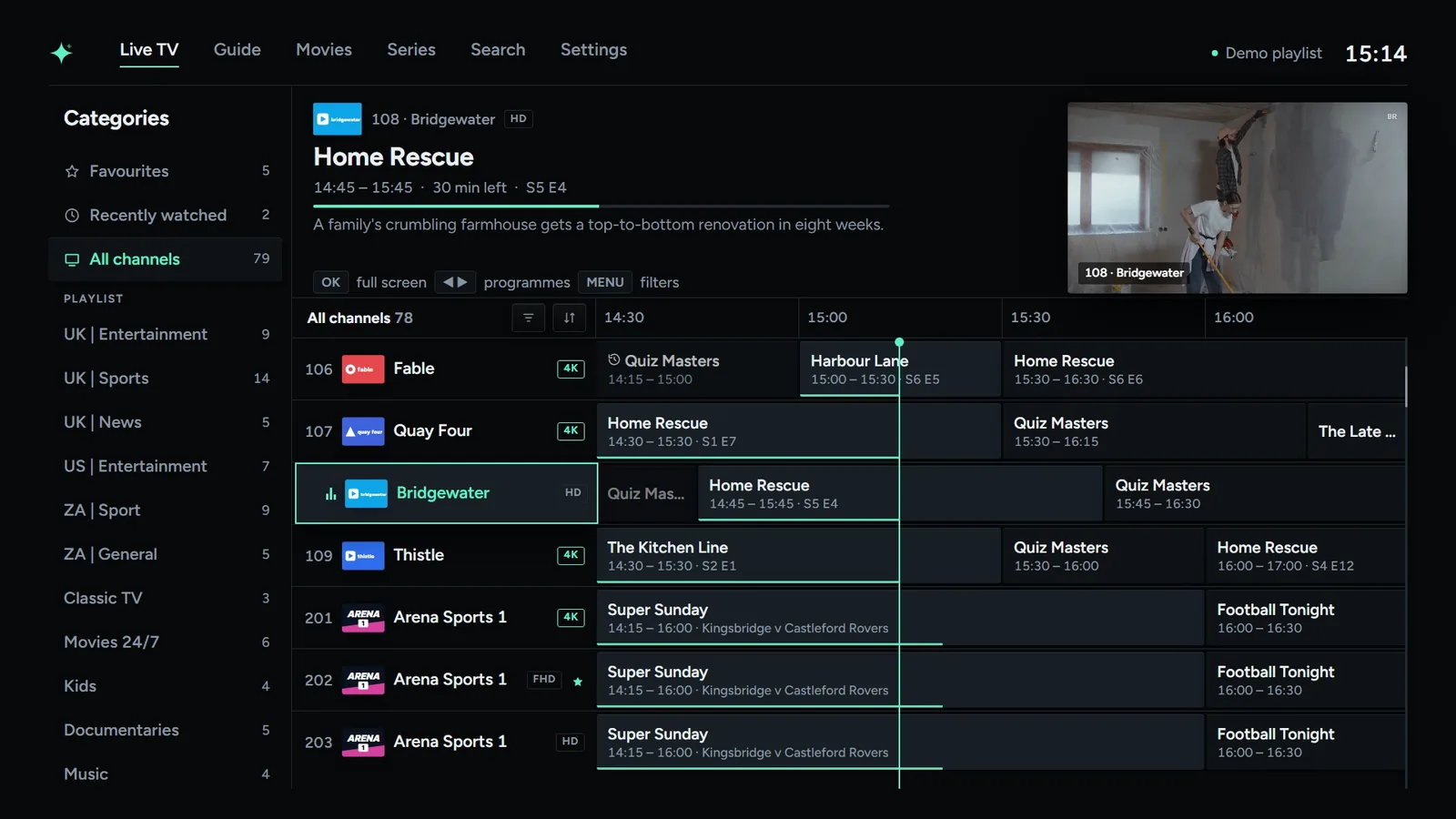 glintv live TV: categories, a channel guide with a time ruler, and a football match playing top right
