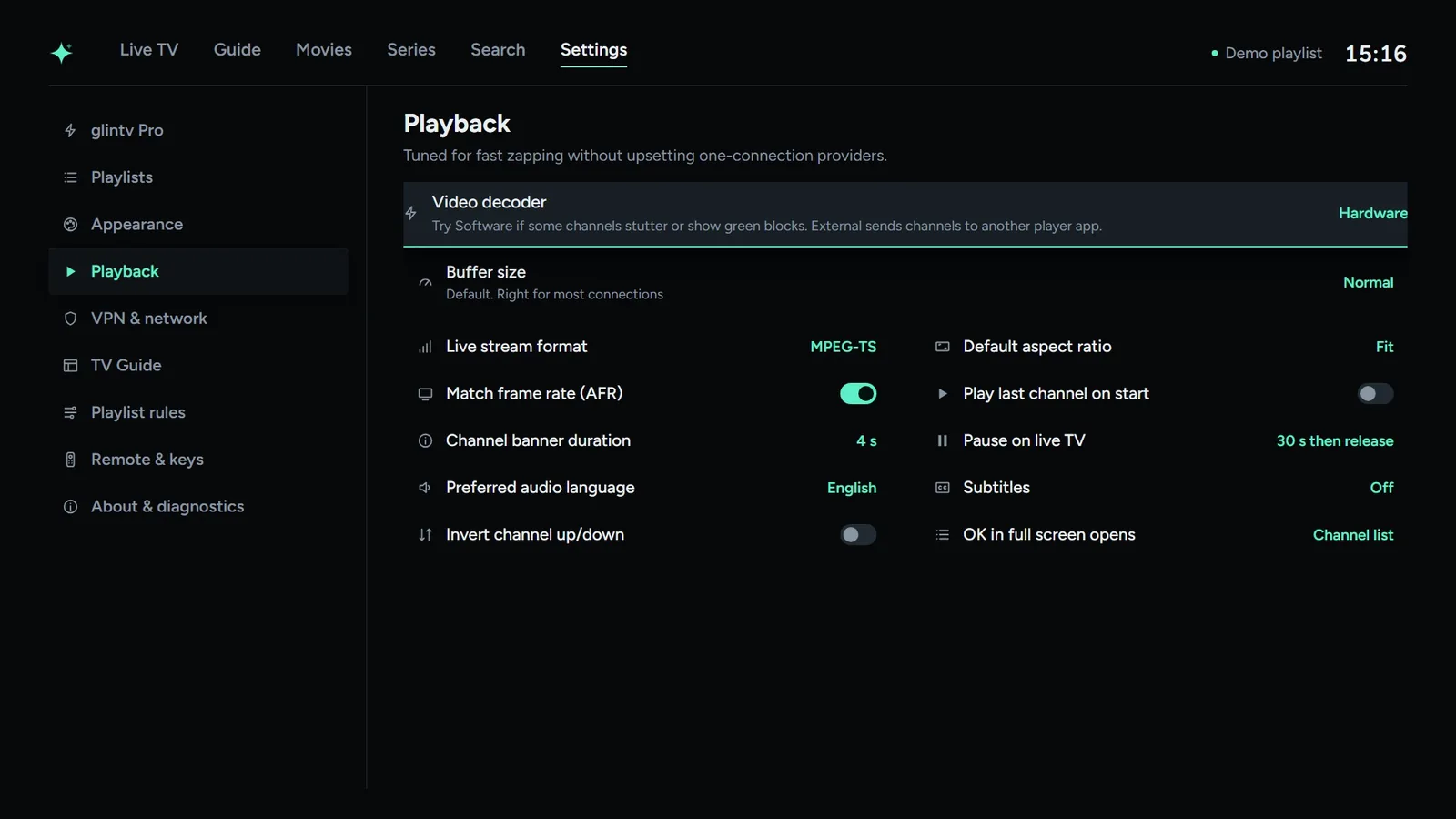 Settings, Playback with the Video decoder and Buffer size options