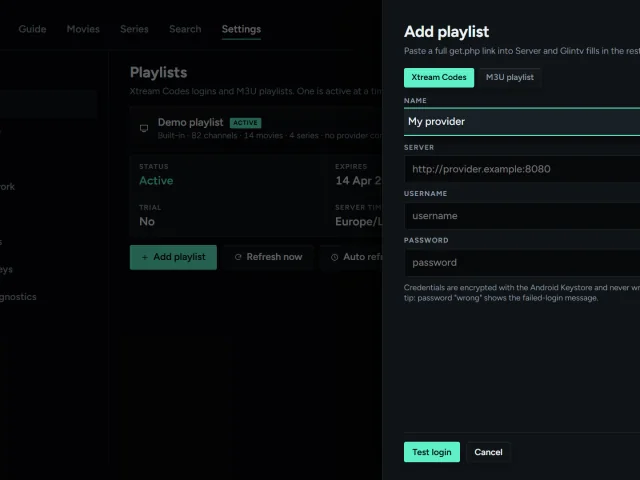 glintv's Add playlist screen with fields for name, server, username and password