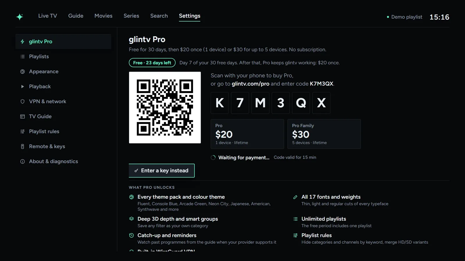 The glintv Pro dialog on the TV with a QR code, the code K7M3QX and both plans