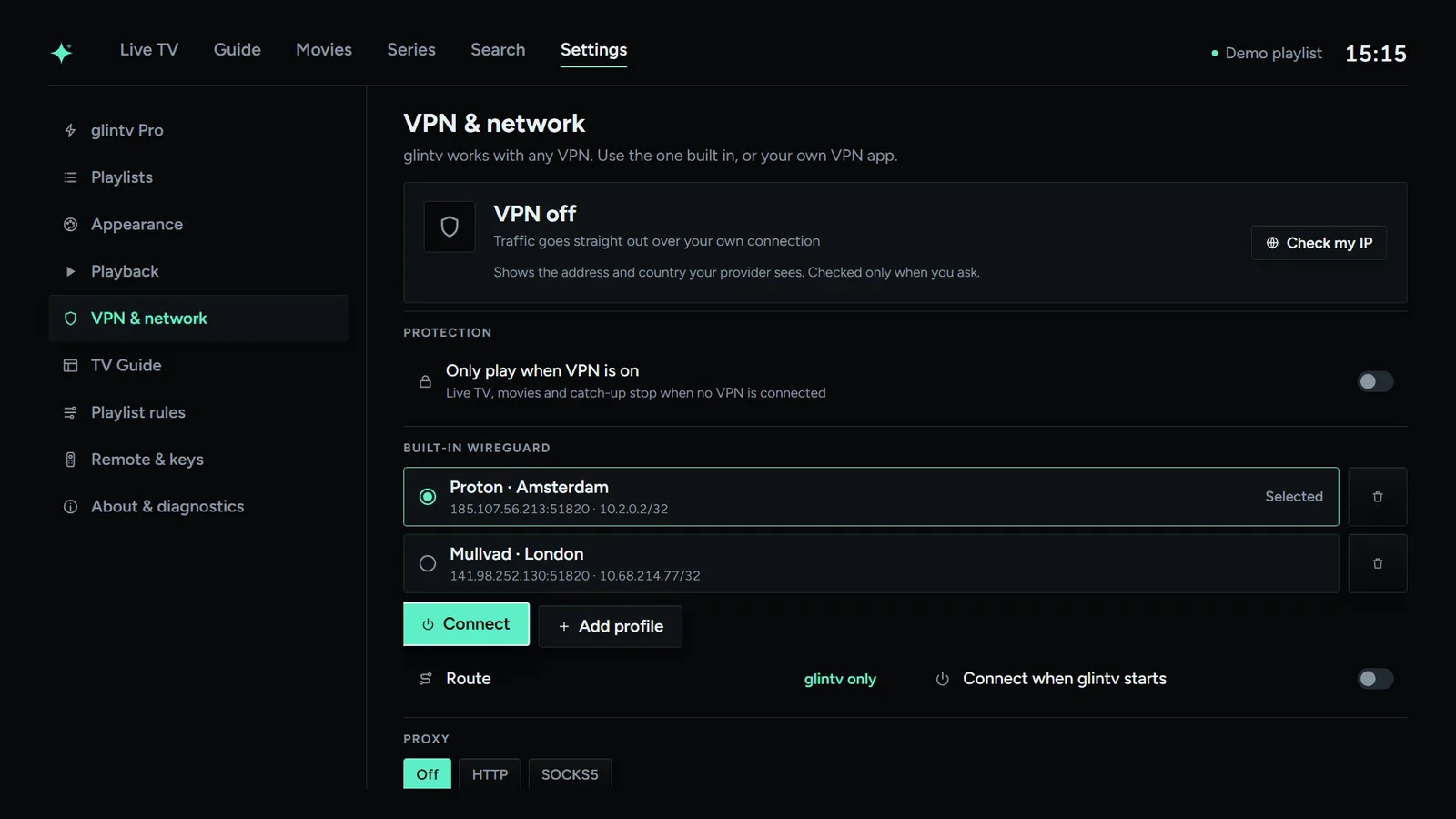 Settings, VPN and network showing a connected WireGuard profile