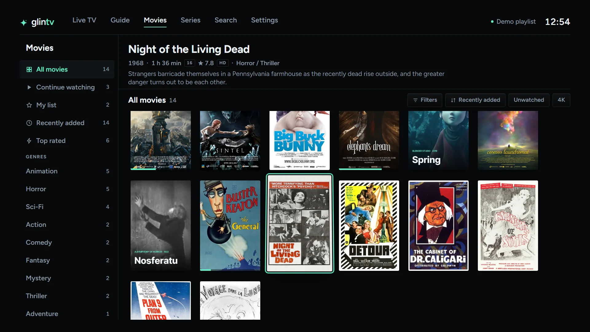 glintv movies: categories on the left and a grid of posters on the right