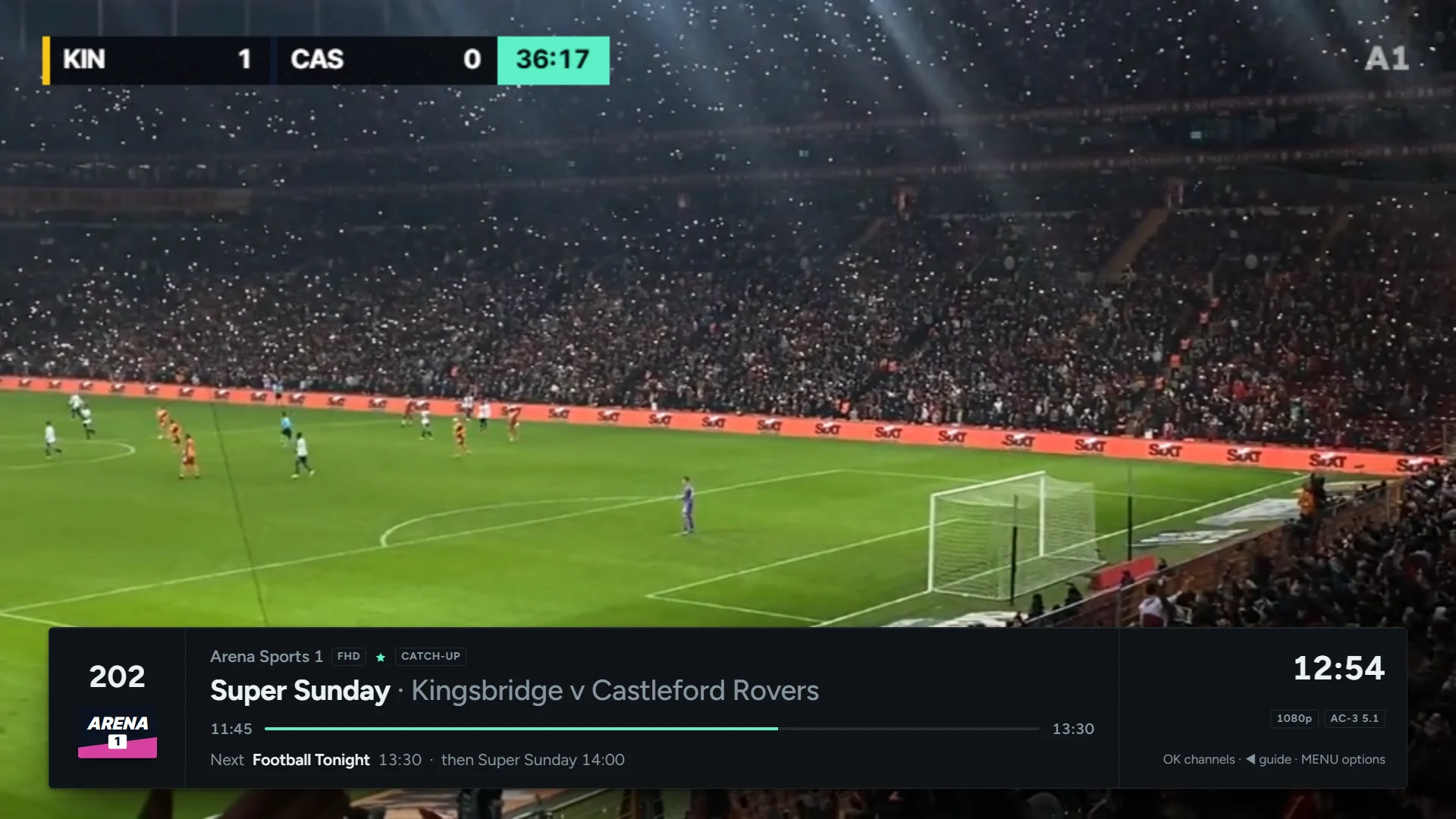 glintv full-screen player showing a live football match with the channel banner